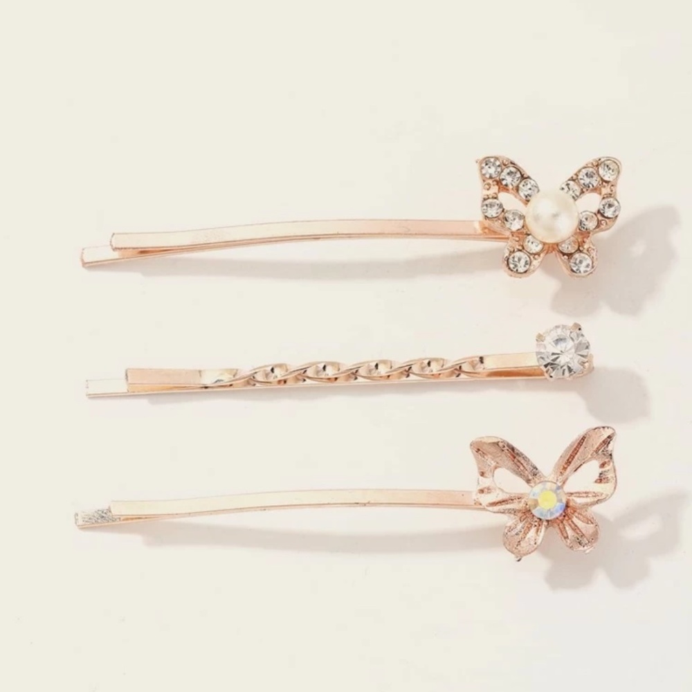 🎀2/$10 Rhinestone Faux Pearl Butterfly Bobby Pins